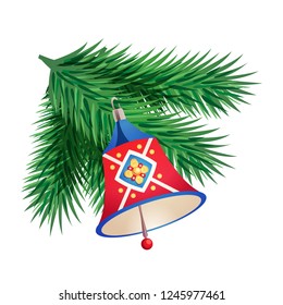 Christmas tree branches with a bell for design a Happy New Year and Merry Christmas greeting card. Vector illustration. Сartoon style