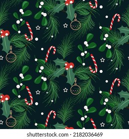 Ramas y bayas de árboles de Navidad, patrón sin fisuras de caña de caramelo. Diseño de papel de cierre azul para vacaciones de invierno