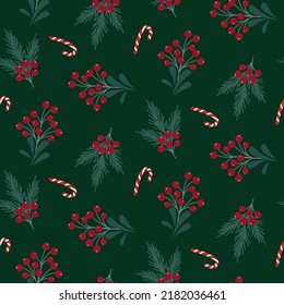 Christmas tree branches and berries seamless pattern. Winter holidays green wrap paper design