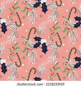 Christmas tree branches and berries seamless pattern. Winter Xmas holidays pink festive wrap paper design