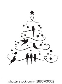 Christmas tree from branches and birds, vector. Wall decals isolated on white background. Birds silhouettes on branch. Wall art, artwork
