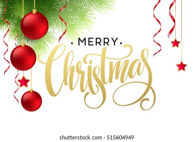 Christmas Tree Branches Border with handwriting Lettering. Vector Illustration EPS10