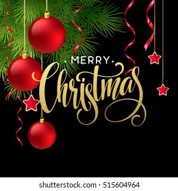 Christmas Tree Branches Border with handwriting Lettering. Vector Illustration EPS10