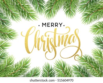 Christmas Tree Branches Border with handwriting Lettering. Vector Illustration EPS10