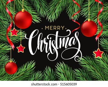 Christmas Tree Branches Border with handwriting Lettering. Vector Illustration EPS10