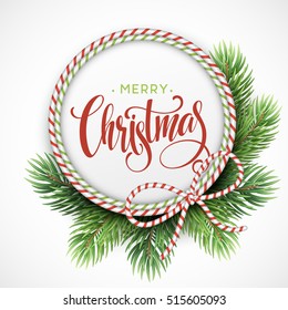 Christmas Tree Branches Border with handwriting Lettering. Vector Illustration EPS10