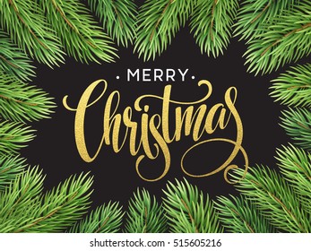 Christmas Tree Branches Border with handwriting Lettering. Vector Illustration EPS10