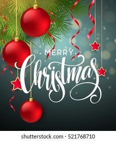Christmas Tree Branches Border with handwriting Lettering. Vector Illustration EPS10