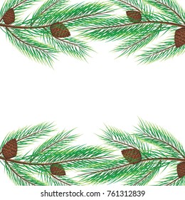 Christmas tree branches border. Isolated vector illustration on white background