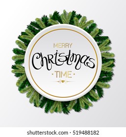 Christmas Tree Branches Border. Merry Christmas lettering. Vector
