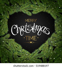 Christmas Tree Branches Border. Merry Christmas lettering. Vector