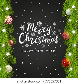 Christmas tree branches border on chalkboard background