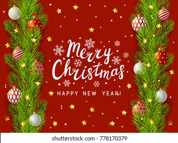 Christmas tree branches border on red background