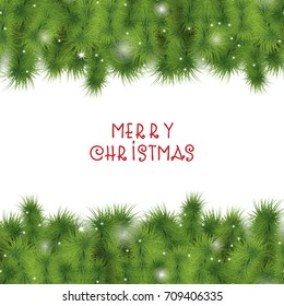 Christmas tree branches border. Sparkling lights, falling shiny snowflakes. Evergreen fir twigs background for Christmas and New Year design. Card template 