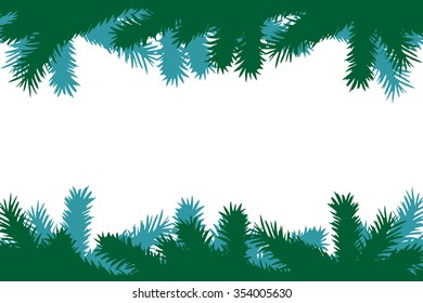 Christmas tree branches, borders green silhouette. Pine, fir, spruce. Frame isolated on white background