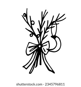 Christmas tree branches with a bow and doodle-style toys on a white background are isolated. Line art, hand drawn