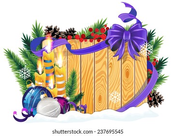 Christmas tree branches, candles and baubles on wooden board with purple bow and ribbons