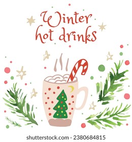 Ramas de árbol de Navidad y taza de café sobre un fondo blanco. Feliz Año Nuevo y Feliz Navidad. Perfecto para impresión, diseño de embalaje, banner, menú. Ilustración vectorial.
