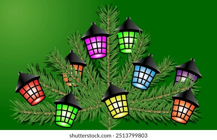 Sucursais de árvore de Natal com luzes coloridas estilo lanterna, Xmas design de fundo