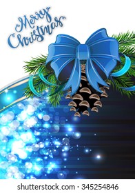 Christmas tree branches with cone, bow and ribbons on blue background