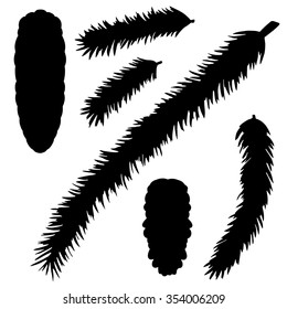 Christmas tree branches, cones black silhouette. Pine, fir, spruce, isolated on white background set