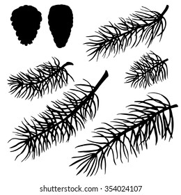 Christmas tree branches, cones black silhouette. Pine, fir, spruce, isolated on white background set