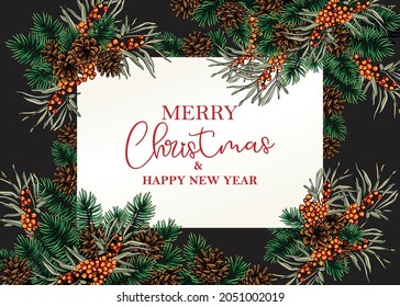Christmas tree branches with cones and sea buckthorn, christmas frame. Christmas composition garland, frame, edging. Souvenirs, congratulations, banner, postcard for the new year.