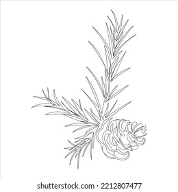 Christmas tree branches with a corn drawn in doodle style. Sketch. Continuous line drawing botanical art. Vector illustration in one line.