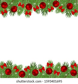 Christmas tree branches decorated with balls and red bows isolated on a white background.