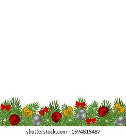 Christmas tree branches decorated with balls and red bows isolated on a white background.