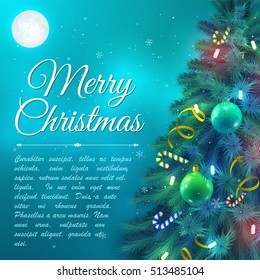 Christmas tree branches decorated with baubles and candy canes on background with moon flat vector illustration