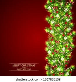 Weihnachtsbaumäste verziert mit Beerenstars und Süßspeisen, Vektorgrafik.