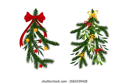 Christmas tree branches decorated with berries, bowa and stars set vector illustration