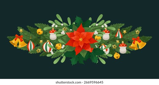 Ramas de árboles de Navidad decoradas con bayas, estrellas y adornos. Ilustración vectorial en estilo retro de moda