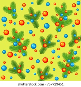 Christmas tree branches decorated with bright balls. Tradition of the New Year. Seamless pattern. Suitable for packing holiday gifts. Creates a cheerful mood. Vector illustration.
