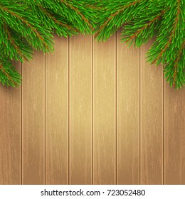 Christmas tree branches decoration on wooden background. Eps10 vector