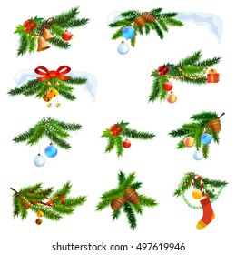 Christmas tree branches and decoration. Pine and fir tree branch icon set. Christmas elements for design corner and border frame.