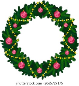 Ramas de árboles de Navidad con decoraciones y globos. Tierra de aves, marco. Para tarjetas de Año Nuevo, carteles, titulares, afiches.