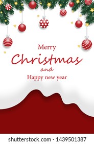 Christmas tree branches with Christmas decorations balls, Gold stars on snow-white shape, and red background.