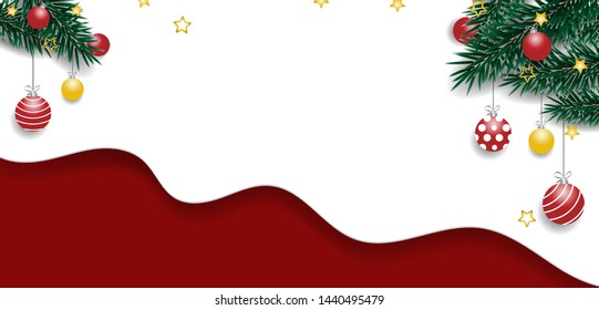 Christmas tree branches with Christmas decorations balls, Gold stars on snow-white shape, and red background. Vector illustration.