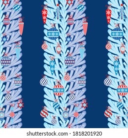 Christmas tree branches and decorations vertical rows seamless pattern 