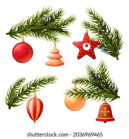 Christmas tree branches decorations. Xmas fir branch decoration, new year holiday balls and toys. Pine plant, isolated evergreen swanky vector objects