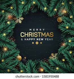 Christmas tree branches decorative frame. Vector flat lay. Realistic pine tree branches and 3d baubles on wooden texture background.  