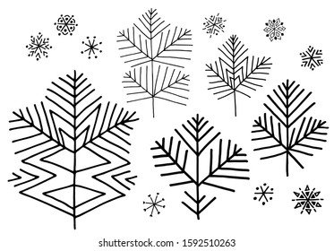 Christmas tree branches. Doodle drawings. Set for design cards, posters, greetings.