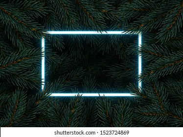 Christmas tree branches. Festive Xmas border of green branch of pine. Pattern pine branches, spruce branch. Glowing neon frame, space for text. Realistic design decoration element. Vector illustration