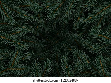 Christmas tree branches. Festive Xmas border of green branch of pine. Pattern pine branches, spruce branch. Realistic design decoration elements. Vector illustration