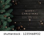 Christmas tree branches with fir-cones, gold stars and beads  on dark wooden   background.