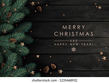 Christmas tree branches with fir-cones, gold stars and beads  on dark wooden   background.