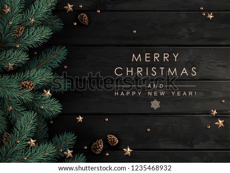 Christmas tree branches with fir-cones, gold stars and beads  on dark wooden   background.