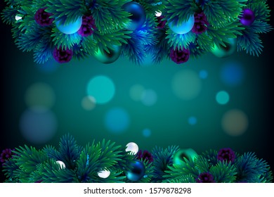 Christmas tree branches frame with cones on a green background